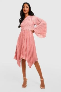 Vestito Midi Tall Asimmetrico A Maniche Lunghe A Pieghe