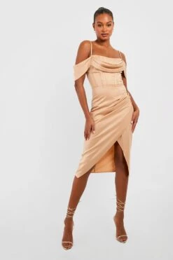 Vestito Midi A Corsetto Tall In Raso Drappeggiato