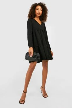 Vestito Grembiule Tall A Maniche Lunghe Con Scollo A V E Balze