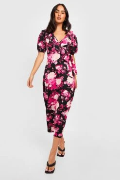 Vestito Scaldacuore Midi A Fiori Con Arricciature