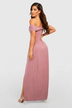 Vestito Maxi Seducente Con Scollo Bardot, Ruches E Spacco -Negozio al dettaglio Vestiti gzz26434 rose xl 1