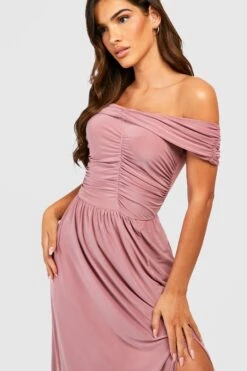 Vestito Maxi Seducente Con Scollo Bardot, Ruches E Spacco -Negozio al dettaglio Vestiti gzz26434 rose xl 2