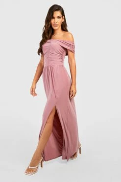 Vestito Maxi Seducente Con Scollo Bardot, Ruches E Spacco -Negozio al dettaglio Vestiti gzz26434 rose xl 3