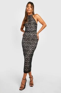 Vestito Longuette In Pizzo A Contrasto Con Scollo A Vogatore