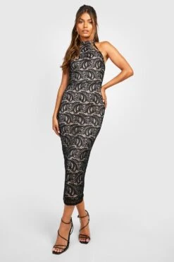 Vestito Longuette In Pizzo A Contrasto Con Scollo A Vogatore -Negozio al dettaglio Vestiti gzz26437 black xl 2