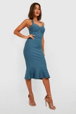 Vestito Midi Fasciante A Corsetto Con Fondo Arricciato -Negozio al dettaglio Vestiti gzz26461 teal xl 2