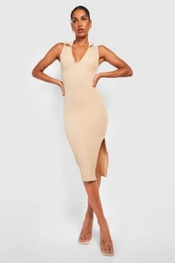 Vestito Midi A Coste Effetto Goffrato Con Colletto E Spacco Sul Fondo -Negozio al dettaglio Vestiti gzz26471 stone xl 2