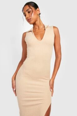 Vestito Midi A Coste Effetto Goffrato Con Colletto E Spacco Sul Fondo -Negozio al dettaglio Vestiti gzz26471 stone xl 3