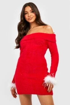 Vestito Natalizio In Maglia Morbida Con Piume Sui Polsini 6 Vestito Natalizio In Maglia Morbida Con Piume Sui Polsini -Negozio al dettaglio Vestiti gzz26522 red xl 2