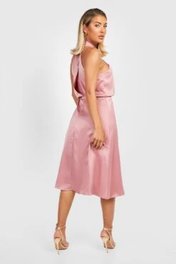 Vestito Midi Da Cerimonia Allacciato Al Collo In Raso Con Dettagli Attorcigliati -Negozio al dettaglio Vestiti gzz26576 rose xl 1