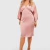Vestito Midi Plus Size In Raso Con Pieghe E Maniche Ad Ala Di Pipistrello