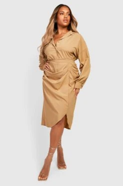 Vestito Camicia Midi Plus Size Con Ruches -Negozio al dettaglio Vestiti gzz27165 stone xl 2