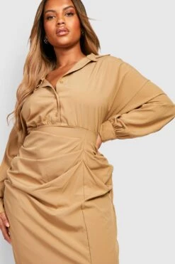 Vestito Camicia Midi Plus Size Con Ruches -Negozio al dettaglio Vestiti gzz27165 stone xl 3