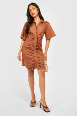 Vestito Camicia Petite In Cotone Popeline Con Ruches -Negozio al dettaglio Vestiti gzz27236 chocolate xl 2