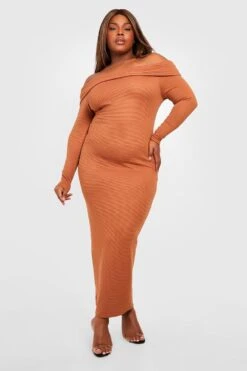 Vestito Maxi Plus Size A Coste Ampie Con Scollo Bardot