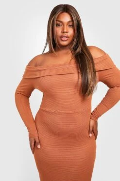 Vestito Maxi Plus Size A Coste Ampie Con Scollo Bardot -Negozio al dettaglio Vestiti gzz27256 caramel xl 2