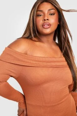 Vestito Maxi Plus Size A Coste Ampie Con Scollo Bardot -Negozio al dettaglio Vestiti gzz27256 caramel xl 3