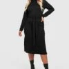 Vestito Midi Plus Size A Coste Ampie Con Collo Alto E Cintura