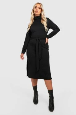 Vestito Midi Plus Size A Coste Ampie Con Collo Alto E Cintura