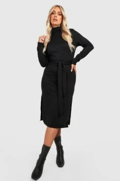 Vestito Midi Plus Size A Coste Ampie Con Collo Alto E Cintura -Negozio al dettaglio Vestiti gzz27265 black xl 2