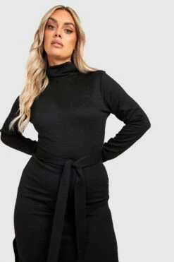 Vestito Midi Plus Size A Coste Ampie Con Collo Alto E Cintura -Negozio al dettaglio Vestiti gzz27265 black xl 3