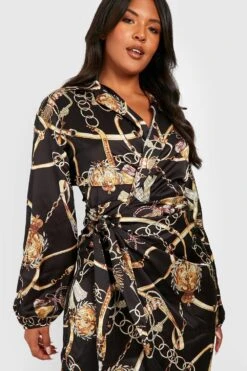 Vestito Scaldacuore Midi Plus Size In Raso Con Stampa Di Catene