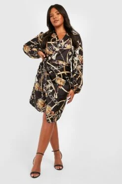 Vestito Scaldacuore Midi Plus Size In Raso Con Stampa Di Catene -Negozio al dettaglio Vestiti gzz27502 black xl 2