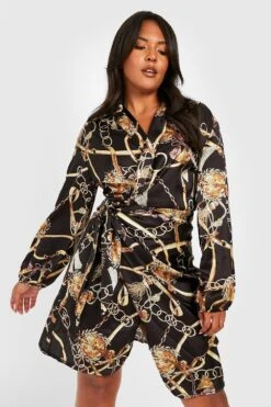 Vestito Scaldacuore Midi Plus Size In Raso Con Stampa Di Catene -Negozio al dettaglio Vestiti gzz27502 black xl 3