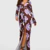 Vestito Maxi A Fiori Con Scollo Profondo E Dettagli Drappeggiati
