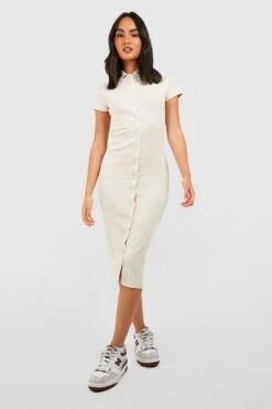 Vestito Midi A Coste In Fibre Riciclate Con Bottoni