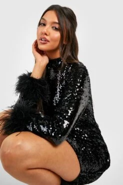 Vestito Midi A Collo Alto Con Paillettes E Piume -Negozio al dettaglio Vestiti gzz27895 black xl 3