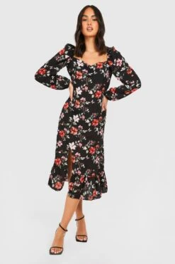 Vestito Longuette A Fiori Con Maniche Ampie E Spacco Sul Fondo