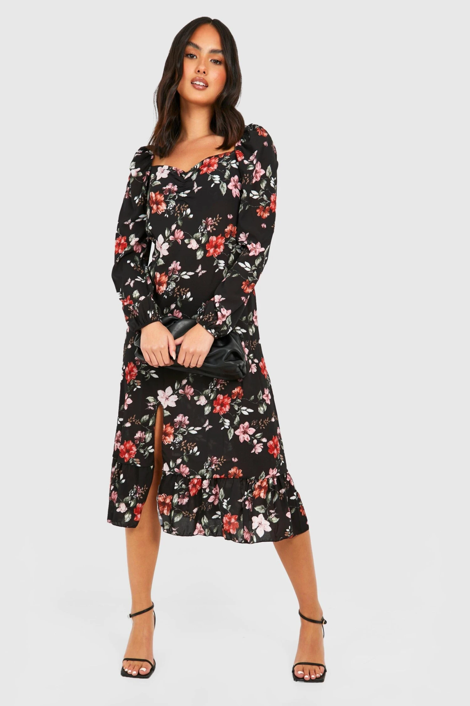 Vestito Longuette A Fiori Con Maniche Ampie E Spacco Sul Fondo 3 Vestito Longuette A Fiori Con Maniche Ampie E Spacco Sul Fondo - immagine 3