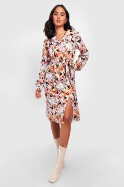 Vestito Camicia Midi Con Stampa Astratta E Cintura