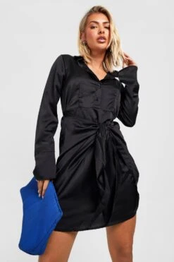 Vestito Camicia In Raso Con Nodo Frontale -Negozio al dettaglio Vestiti gzz27957 black xl 2