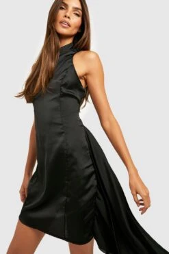 Vestito A Collo Alto In Raso Con Laccetti Laterali