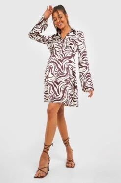 Vestito Camicia Marmorizzato Con Maniche Svasate -Negozio al dettaglio Vestiti gzz27982 brown xl 2