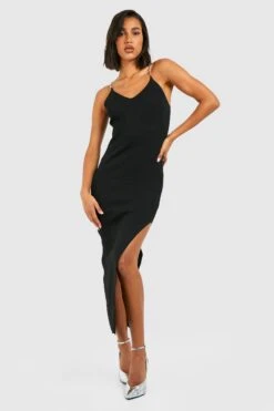 Vestito Midi In Maglia A Coste Con Spalline A Catena