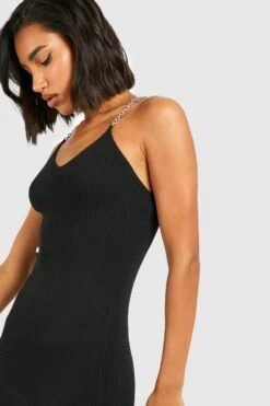 Vestito Midi In Maglia A Coste Con Spalline A Catena -Negozio al dettaglio Vestiti gzz28071 black xl 3