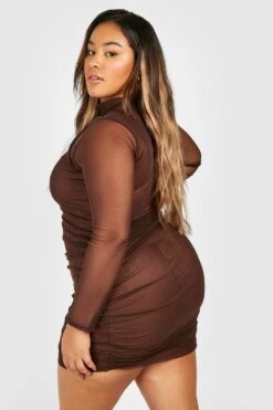 Vestito Plus Size In Rete A Maniche Lunghe Con Ruches -Negozio al dettaglio Vestiti gzz28485 chocolate xl 1