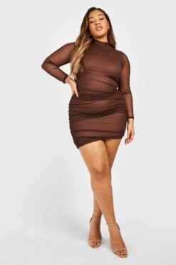 Vestito Plus Size In Rete A Maniche Lunghe Con Ruches -Negozio al dettaglio Vestiti gzz28485 chocolate xl 2