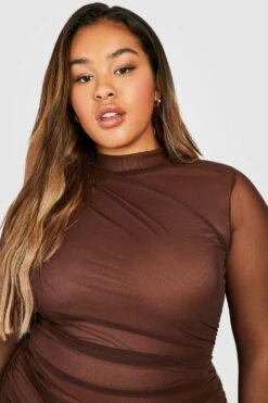 Vestito Plus Size In Rete A Maniche Lunghe Con Ruches -Negozio al dettaglio Vestiti gzz28485 chocolate xl 3