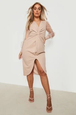 Vestito Midi Plus Size Con Maniche In Organza E Dettagli Attorcigliati -Negozio al dettaglio Vestiti gzz28505 stone xl 2