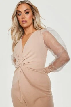 Vestito Midi Plus Size Con Maniche In Organza E Dettagli Attorcigliati -Negozio al dettaglio Vestiti gzz28505 stone xl 3