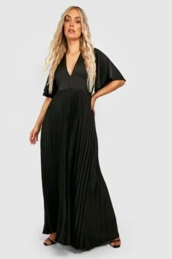Vestito Maxi Plus Size Da Cerimonia In Raso A Pieghe Con Scollo Profondo
