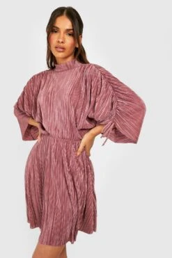 Vestito Skater A Collo Alto Plissettato Con Ruches Sulle Maniche