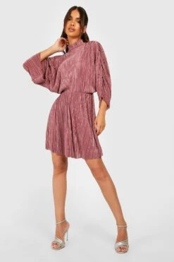 Vestito Skater A Collo Alto Plissettato Con Ruches Sulle Maniche -Negozio al dettaglio Vestiti gzz28632 rose xl 2