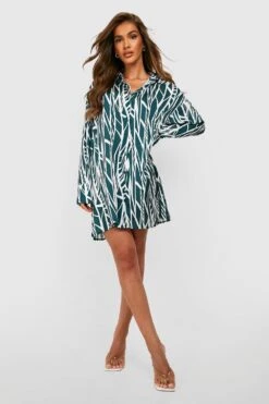 Vestito Camicia Super Oversize In Raso Con Motivi Geometrici -Negozio al dettaglio Vestiti gzz28640 emerald xl 2