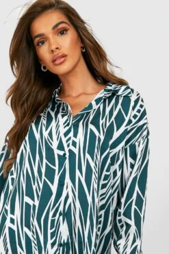Vestito Camicia Super Oversize In Raso Con Motivi Geometrici -Negozio al dettaglio Vestiti gzz28640 emerald xl 3