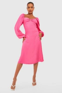 Vestito Midi Tall Con Maniche A Palloncino E Dettagli Metallizzati